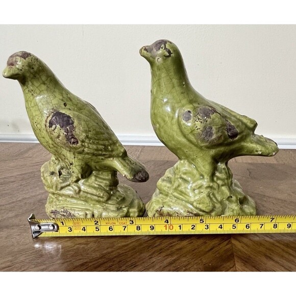 MCM Green Crackle Glaze Art Pottery Bird Figures Set Of 2 Farmhouse Bird Lovers - Picture 9 of 13